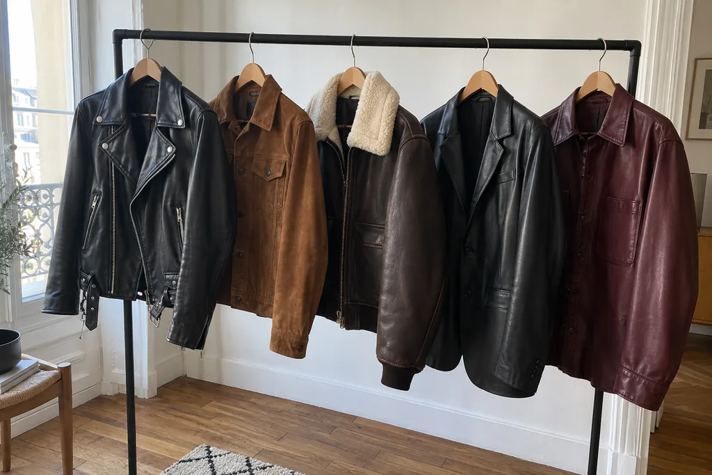 Cinq vestes en cuir sur un portant : perfecto noir, veste en cuir velours cognac, blouson aviateur à col en mouton, blazer en cuir noir et surchemise bordeaux.