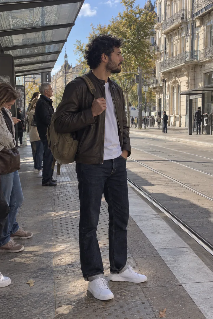À un arrêt de tram de Montpellier, un homme porte un blouson en cuir marron à petit col sur un t-shirt blanc, un jean brut et des baskets blanches.