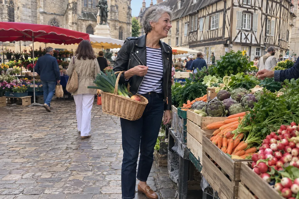 Au marché de Dijon, une femme aux cheveux gris porte un perfecto noir ouvert sur une marinière, un jean brut et des mocassins camel.