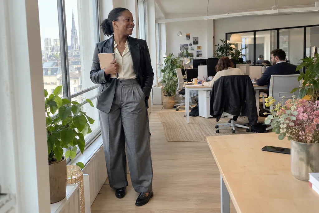 Dans un bureau lumineux de Rouen, une femme porte un blazer en cuir noir sur un chemisier crème, un pantalon large gris et des mocassins noirs.
