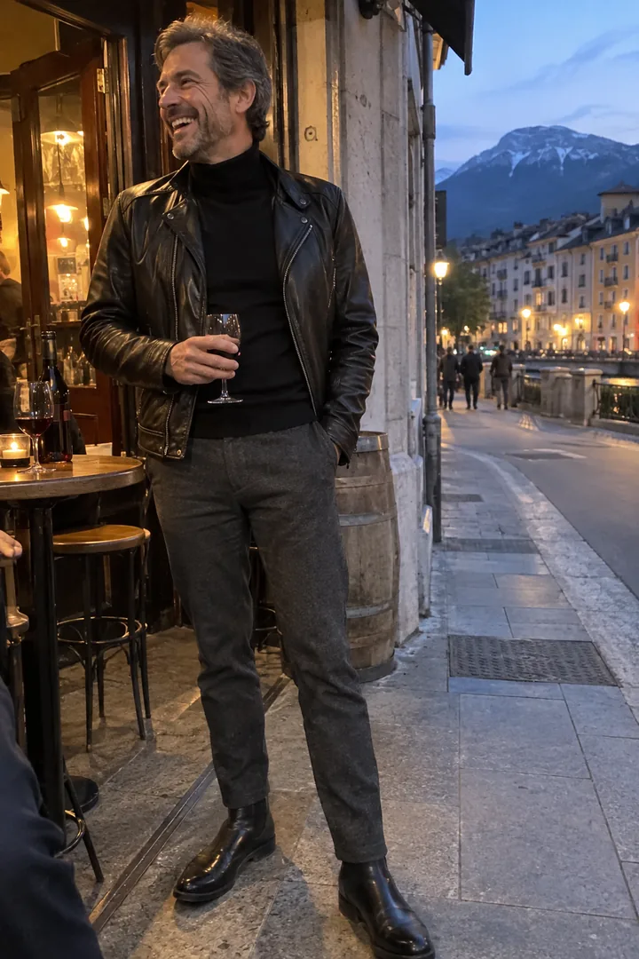 Devant un bar à vin de Grenoble à la tombée du jour, un homme porte un perfecto noir sur un col roulé noir, un pantalon de laine anthracite et des boots chelsea.