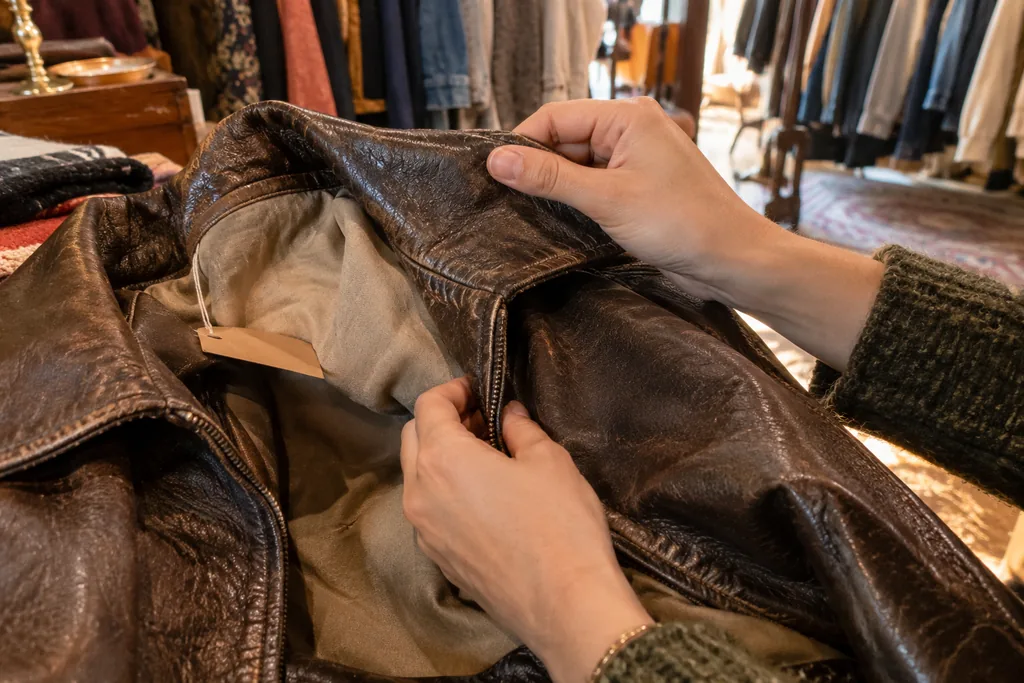 Dans une friperie, deux mains examinent l'intérieur d'une veste en cuir marron : coutures, doublure en coton et surpiqûres du col.