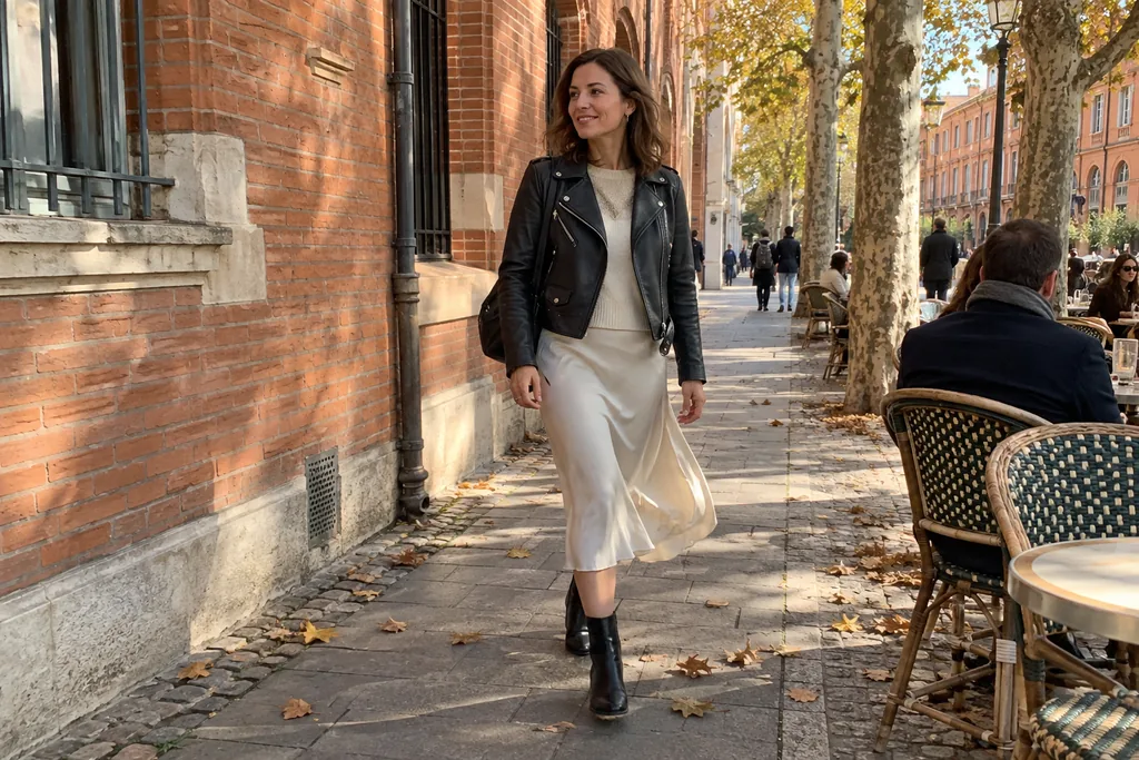 À Toulouse, une femme marche le long des façades de brique rose, perfecto noir ouvert sur un pull crème, jupe midi en satin ivoire et bottines noires.