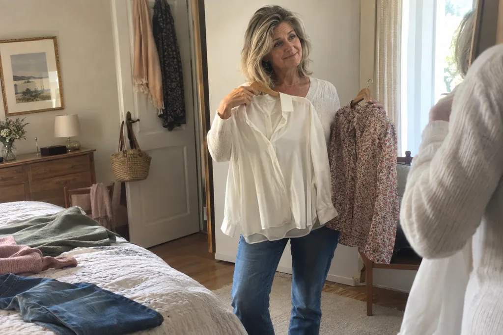 Dans sa chambre, une femme d’une cinquantaine d’années hésite devant le miroir entre deux chemisiers, un blanc fluide et un imprimé fleuri.