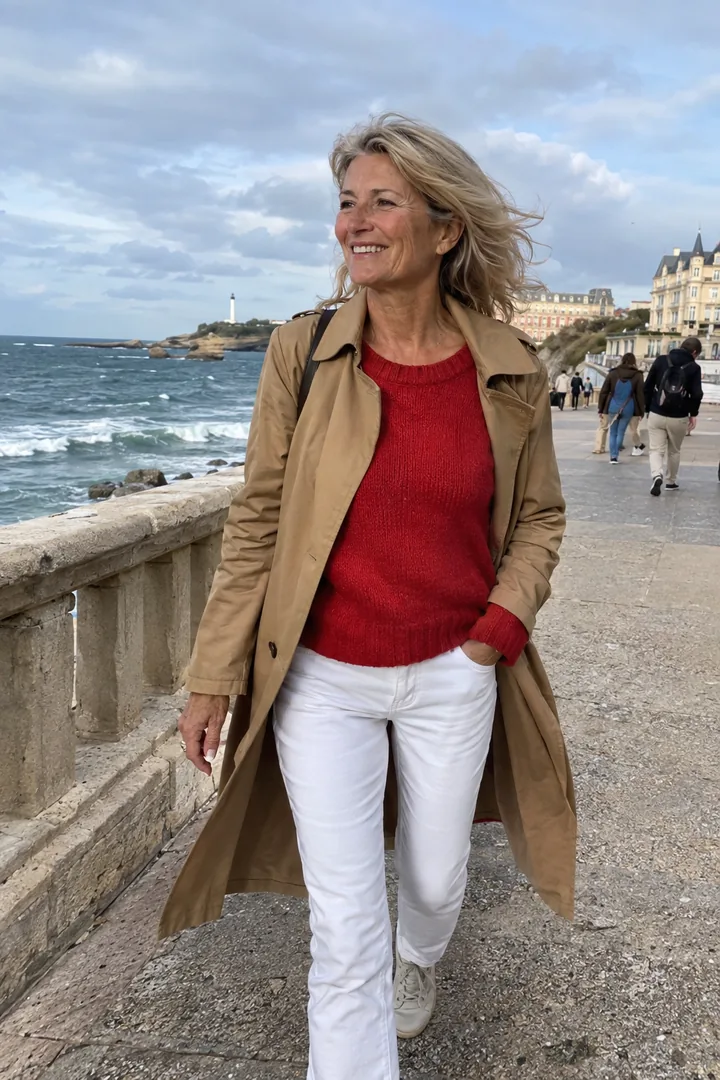 Sur la promenade de Biarritz, une femme d’une soixantaine d’années en trench camel ouvert sur un pull rouge et un jean blanc marche en souriant.
