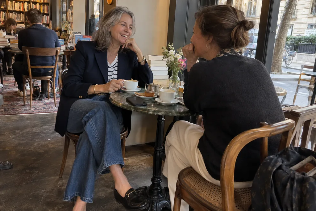 Dans le café d’une librairie parisienne, une femme d’une cinquantaine d’années aux cheveux gris naturels, en blazer marine sur une marinière, jean large et mocassins, rit avec une amie.