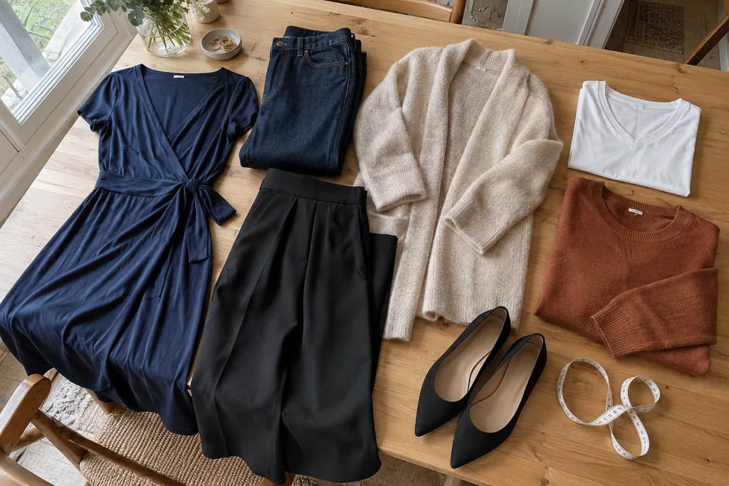 Sur une table en bois, une robe portefeuille marine, un jean droit brut, un long gilet en maille, un t-shirt col V blanc, un pantalon large noir, un pull rouille et des ballerines pointues.
