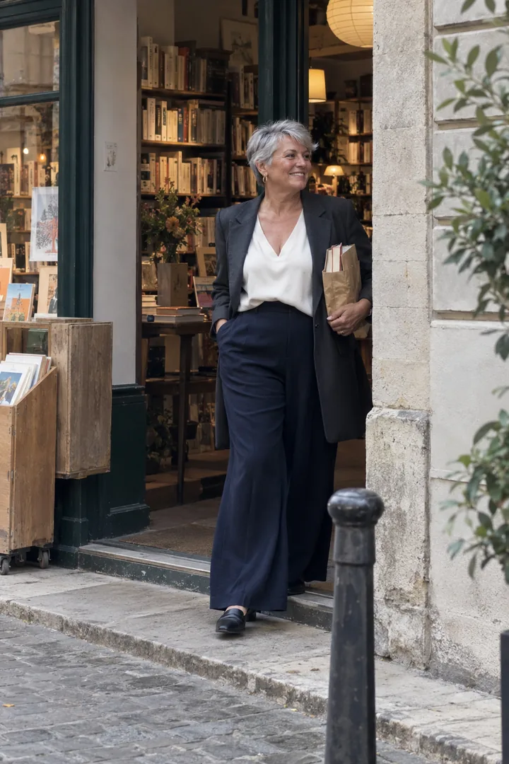 Devant une librairie de Tours, une femme ronde aux cheveux argentés porte un pantalon large marine, un chemisier col V ivoire et un long blazer anthracite ouvert.