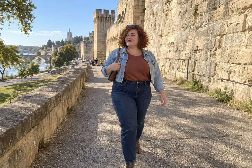 À Avignon, une jeune femme petite et ronde marche le long des remparts en jean droit taille haute, pull rouille rentré devant, veste en jean courte et bottines pointues.