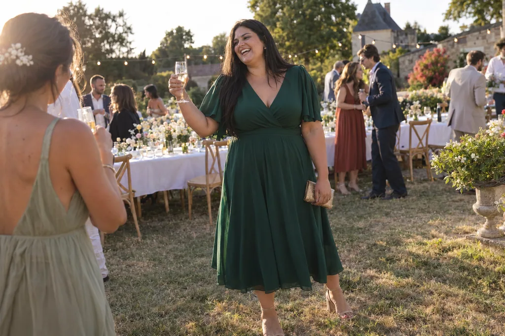 Dans un jardin de mariage, une grande femme ronde lève son verre en riant, en robe midi vert émeraude à col V, manches flottantes et jupe évasée fluide.