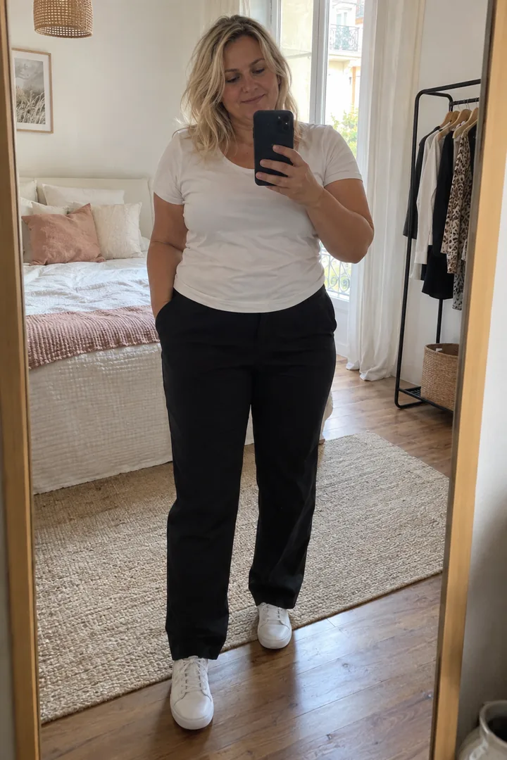Dans une chambre lumineuse, une femme ronde prend en photo son reflet en pied dans un grand miroir, en pantalon noir droit, t-shirt blanc et baskets.