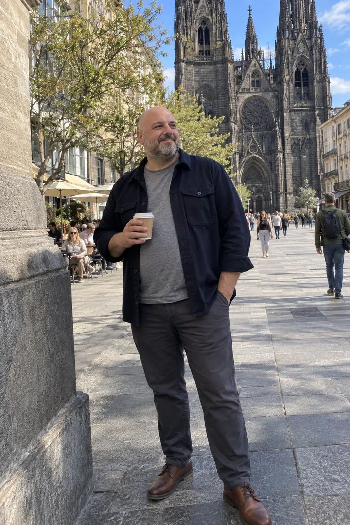 Dans une rue de Clermont-Ferrand, un homme rond porte une surchemise marine ouverte sur un t-shirt gris, un chino gris foncé et des derbies marron.