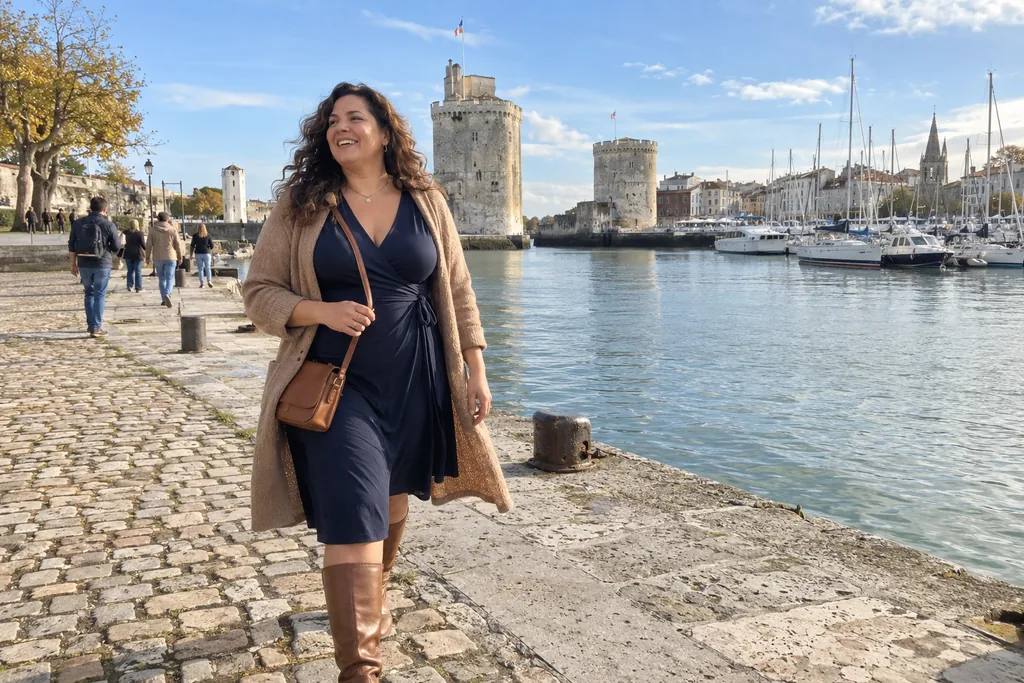 Sur le Vieux-Port de La Rochelle, une femme ronde marche en riant, en robe portefeuille bleu marine, long gilet camel ouvert et bottes hautes en cuir cognac.