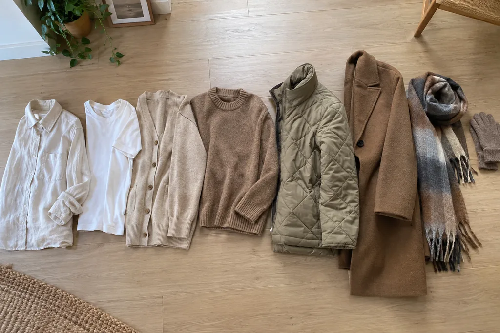 Vêtements alignés sur un parquet du plus léger au plus chaud : chemise en lin, t-shirt, cardigan, pull, veste matelassée, manteau, écharpe et gants.
