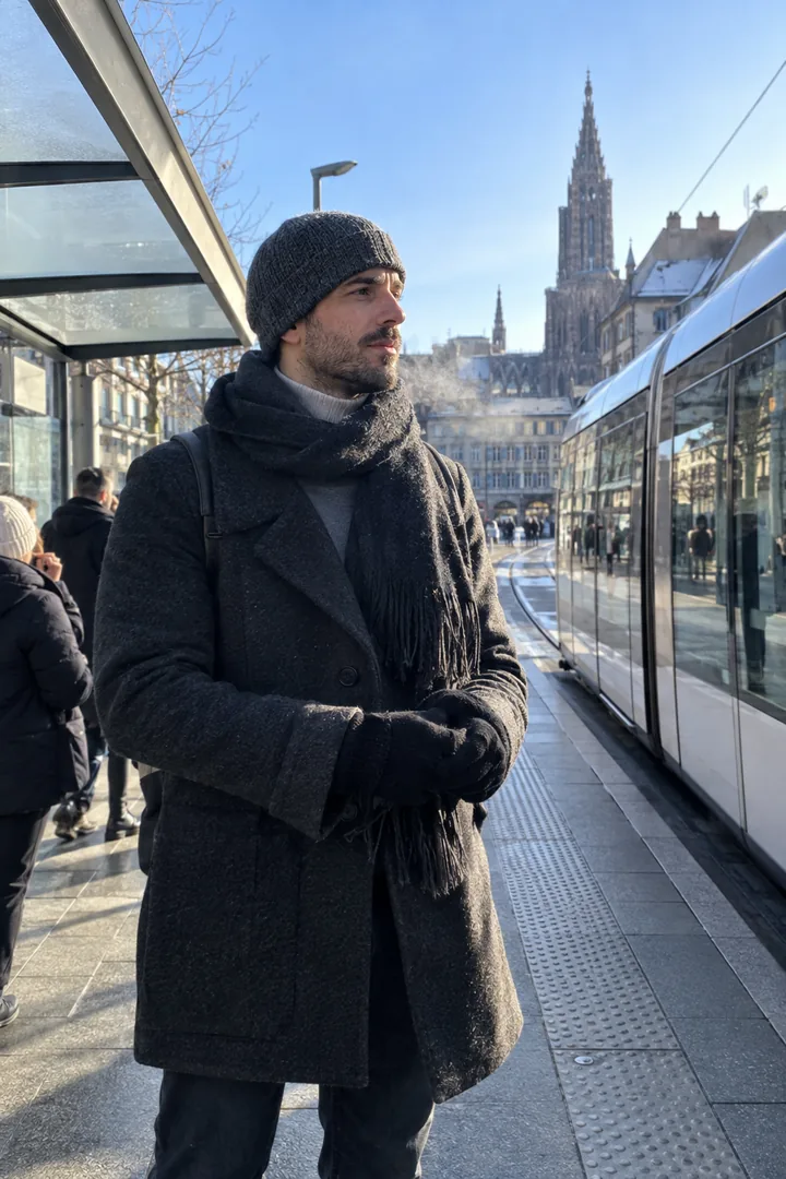 Un homme attend le tramway à Strasbourg par un matin d’hiver, en manteau de laine, bonnet, écharpe épaisse et gants.