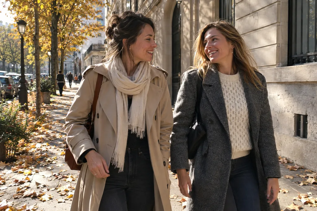 Deux amies marchent dans une rue de Lyon en automne, l’une en trench beige et écharpe fine, l’autre en gros pull sous un manteau gris.
