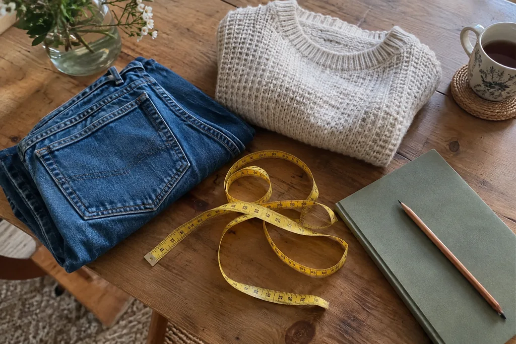 Sur une table en bois, un mètre ruban jaune, un jean plié, un pull en maille, un carnet et un crayon.