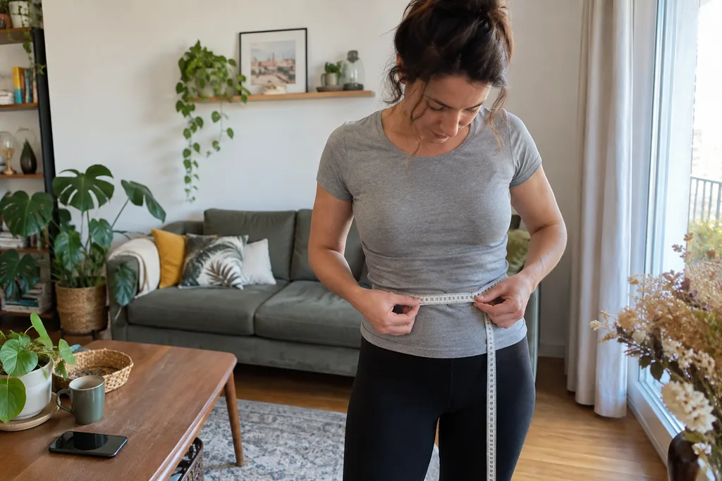 Dans son salon lumineux, une femme mesure son tour de taille avec un mètre ruban souple par-dessus un t-shirt gris.
