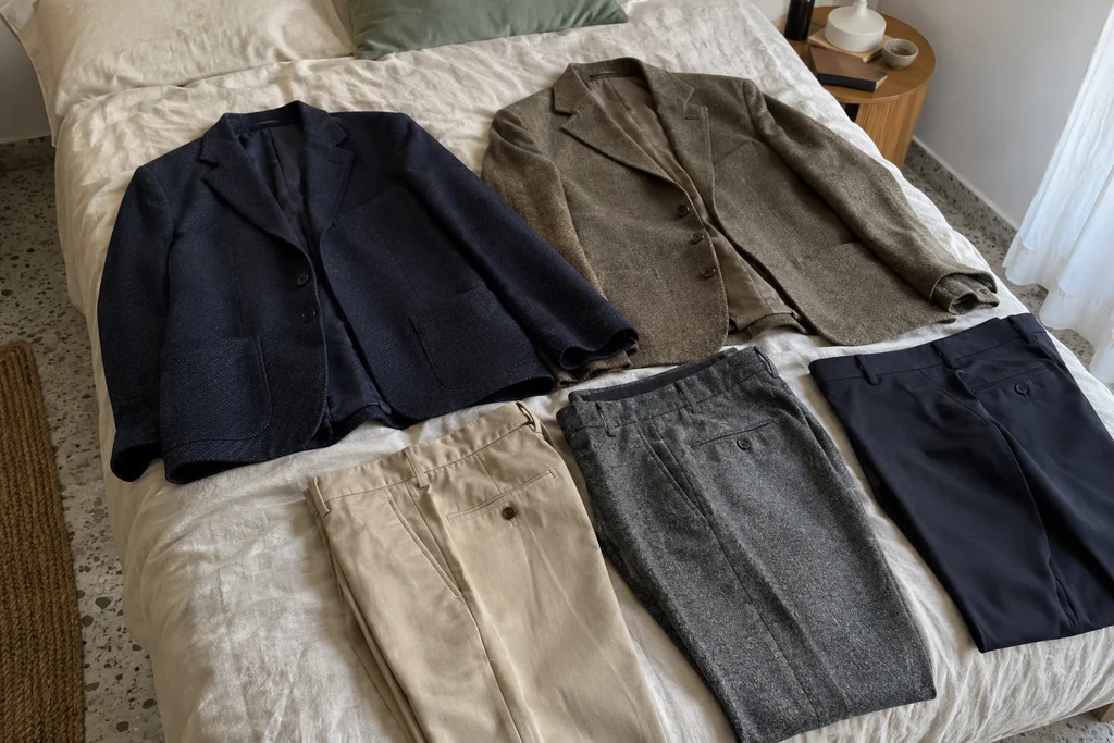 Deux vestes et plusieurs pantalons de couleurs différentes sont comparés sur un lit.