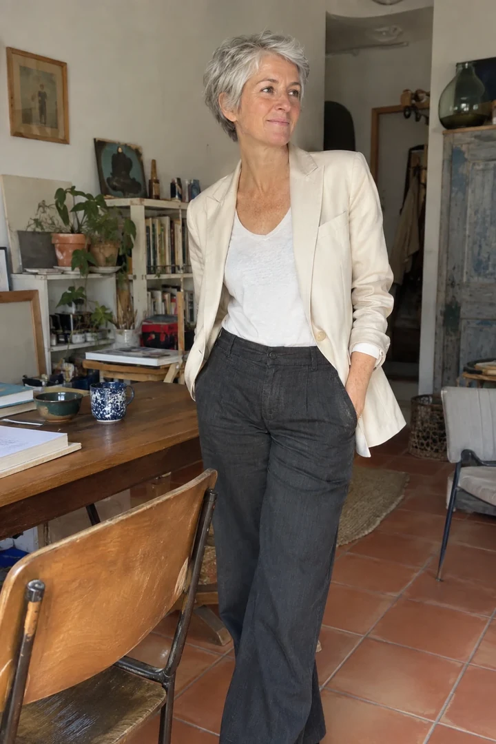 Une femme porte une veste crème et un pantalon gris foncé dans un atelier partagé.