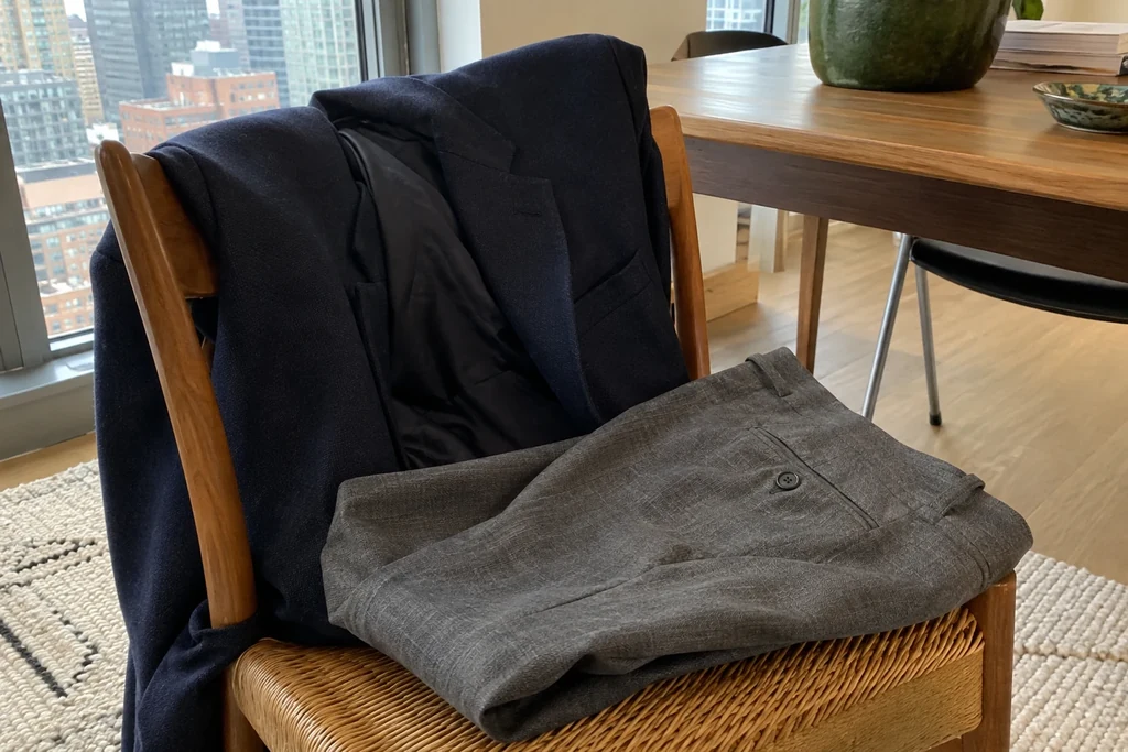 Une veste bleu foncé et un pantalon gris présentent des textures différentes sur une chaise.