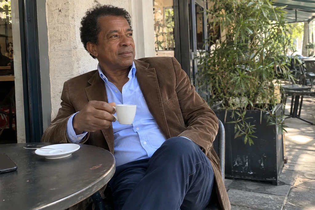 Un homme en veste brune, chemise bleue et pantalon sombre est assis à une terrasse.