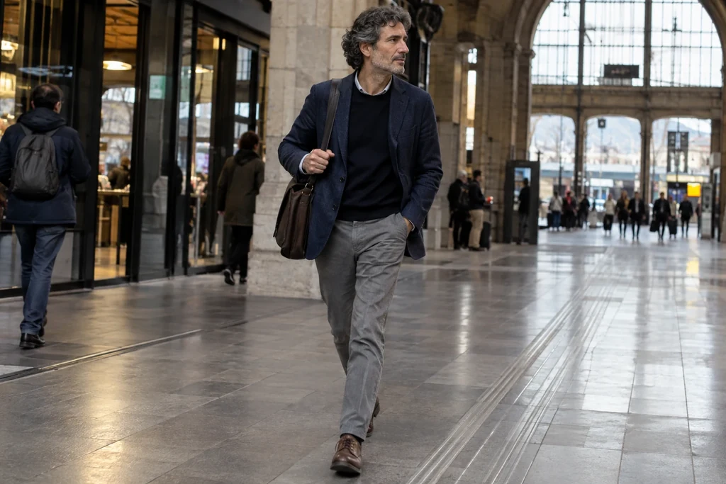 Un homme marche sous une arcade avec une veste bleu foncé, un pantalon gris et des chaussures brunes.