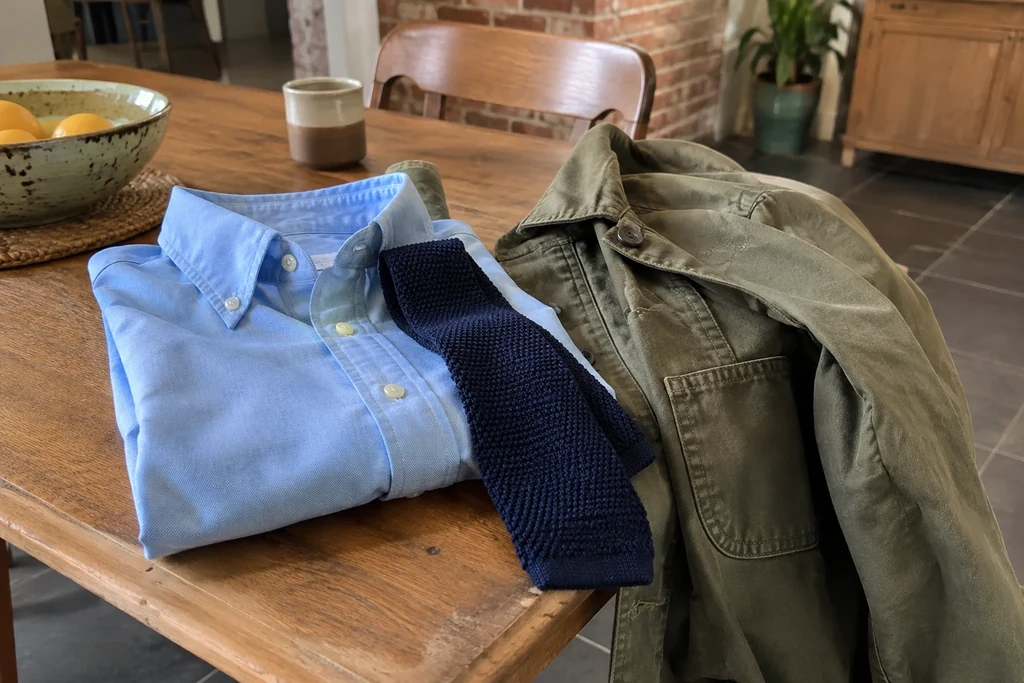 Une cravate en maille est posée près d’une chemise et d’une veste en coton.
