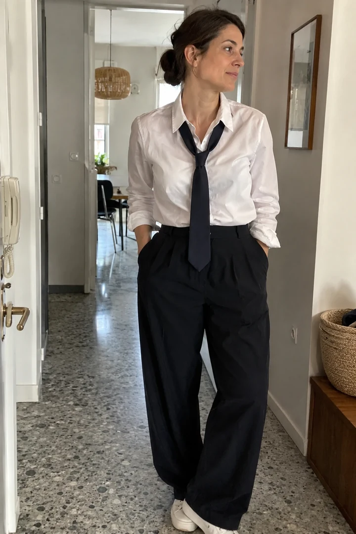 Une femme porte une cravate simple avec une chemise blanche et un pantalon sombre dans une entrée.
