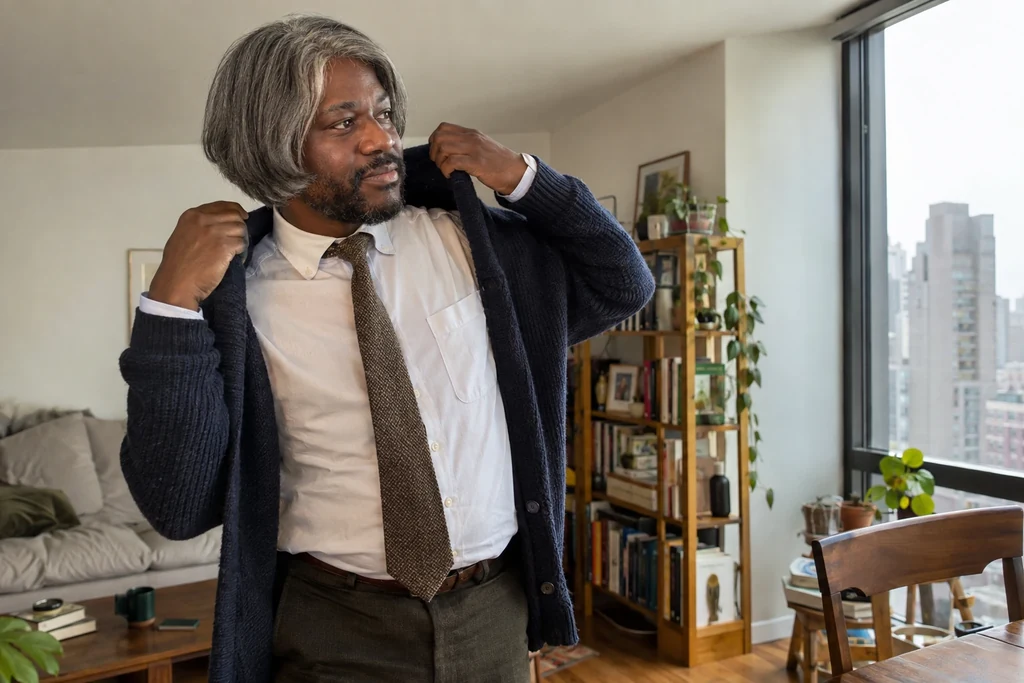 Un homme enfile un cardigan souple sur une chemise avec une cravate texturée.