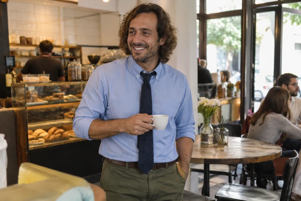 Un homme porte une chemise bleue, une cravate sombre texturée et un chino olive dans un café.