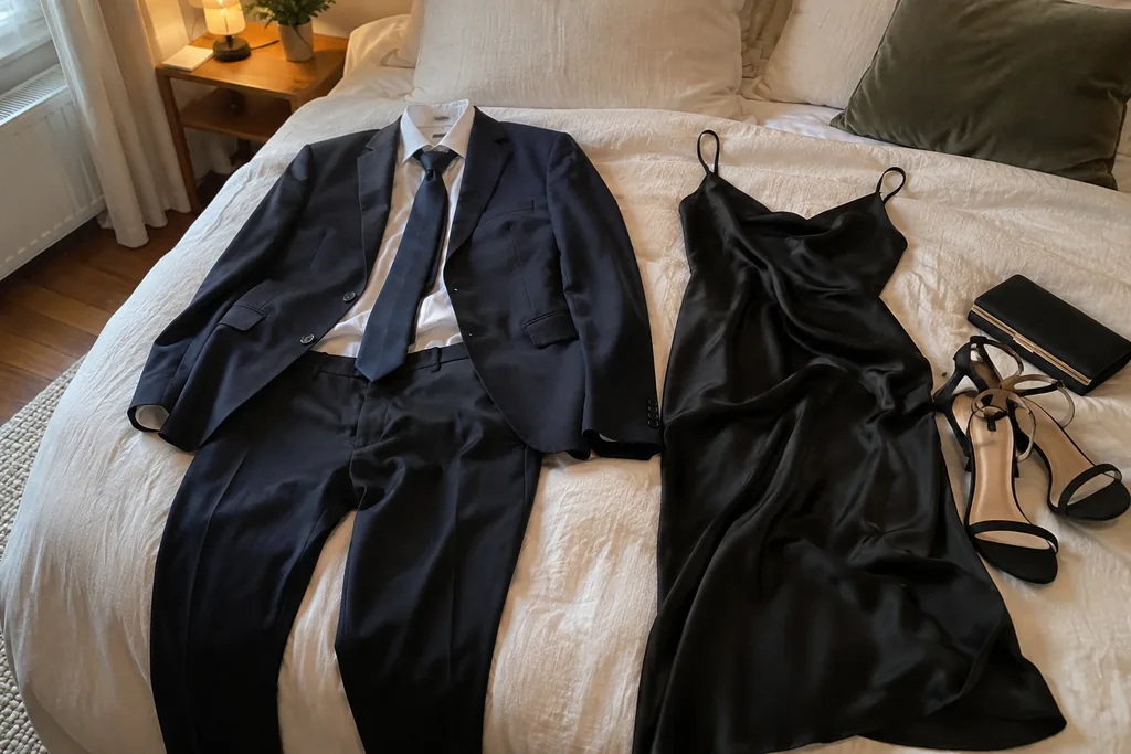 Sur un lit, deux tenues côte à côte : un costume marine avec chemise blanche et cravate en soie, et une robe noire satinée avec sandales à talon et pochette.