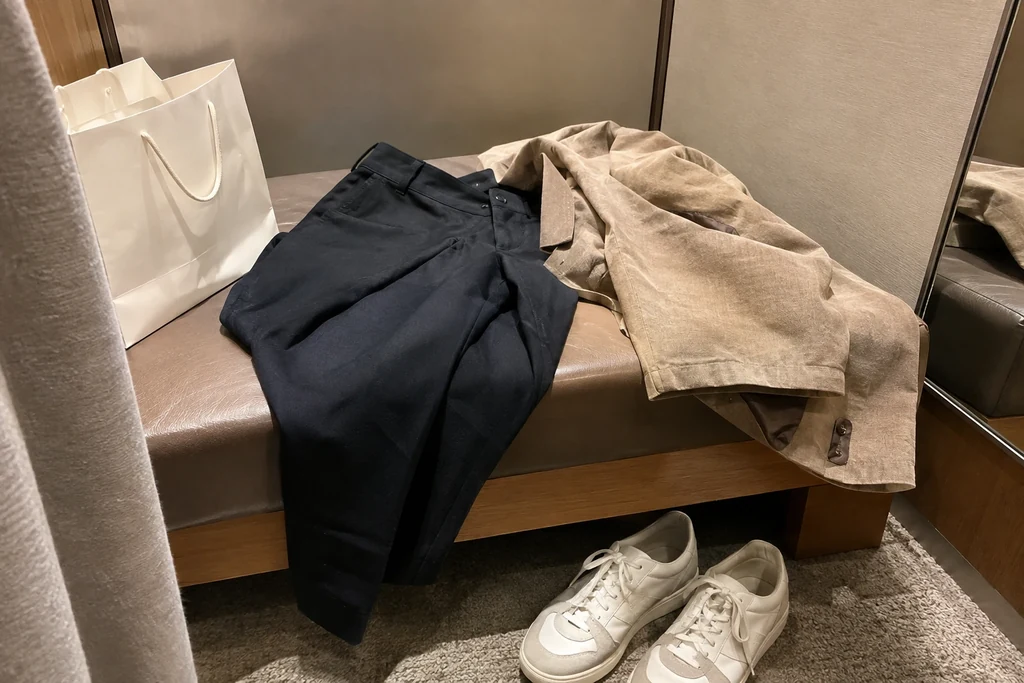 Un pantalon, une veste et des chaussures quotidiennes sont disposés sur un banc de cabine.