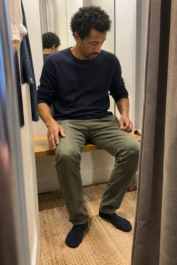 Un homme s’assied sur un banc de cabine avec le pantalon qu’il essaie.