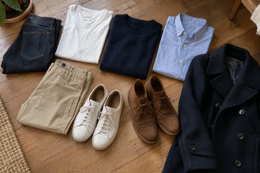 Sur un parquet, les essentiels masculins : jean brut, t-shirt blanc, pull marine, chemise oxford bleu ciel, chino beige, baskets blanches, boots en daim et caban marine.