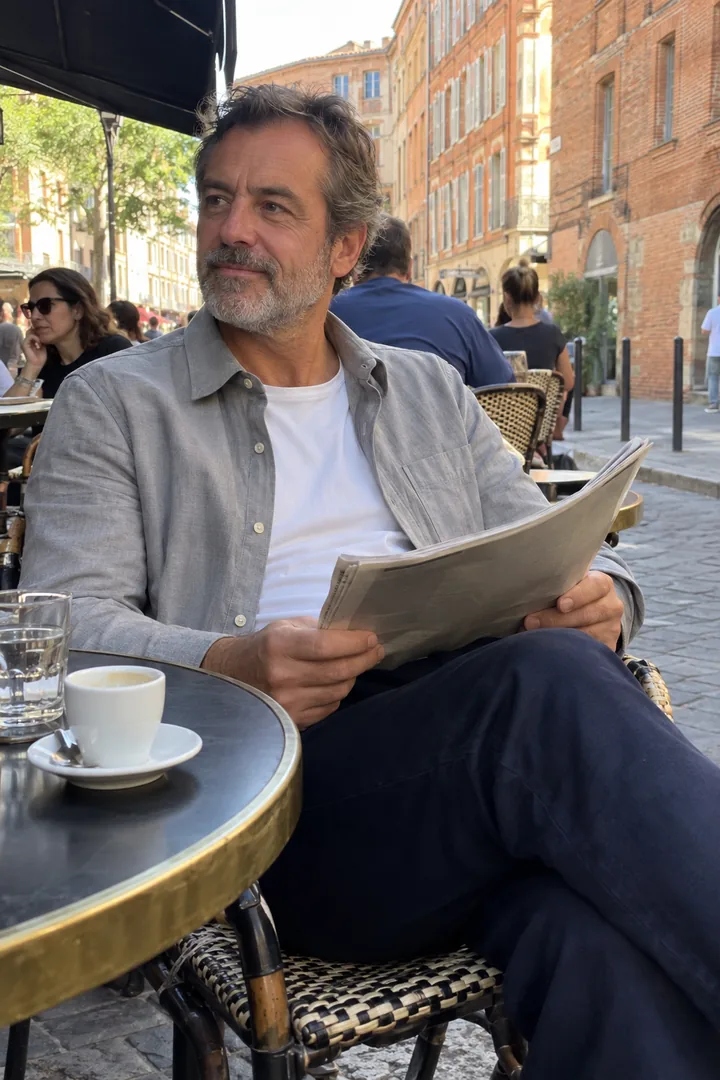 À une terrasse de café toulousaine, un homme d’une cinquantaine d’années en surchemise gris clair, t-shirt blanc et pantalon marine tient un journal plié.
