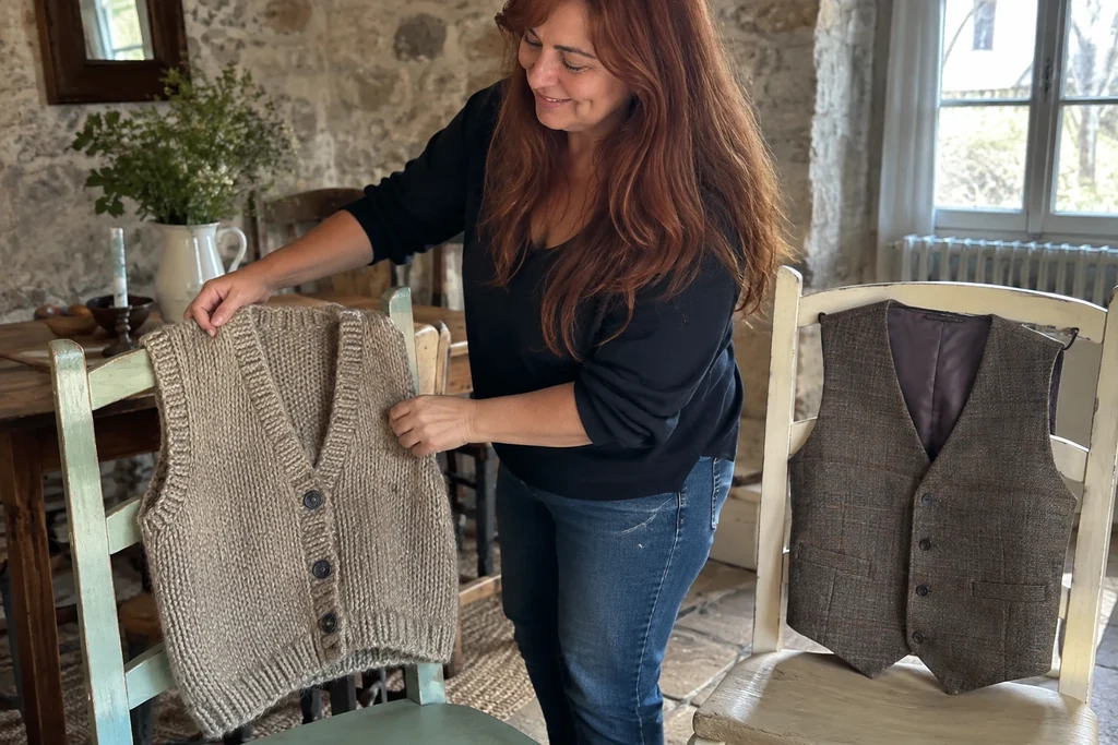Un gilet sans manches en maille et un gilet tailleur sont posés sur deux chaises.