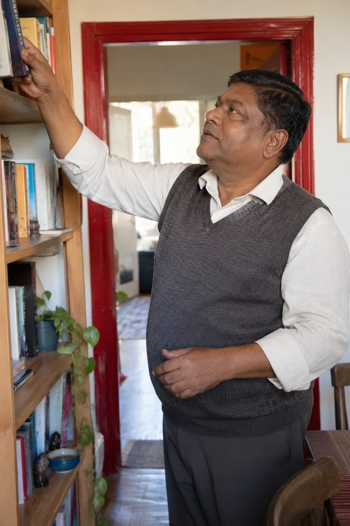 Un homme portant un gilet en maille sur une chemise tend le bras vers un livre.
