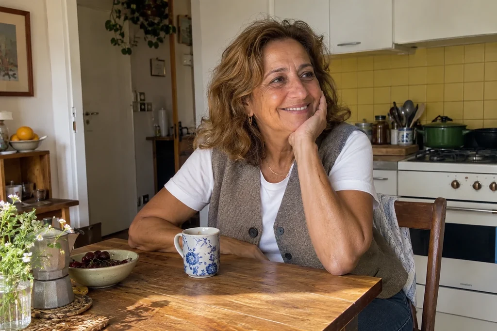 Une femme en gilet sur un haut à manches courtes est assise à une table de cuisine.