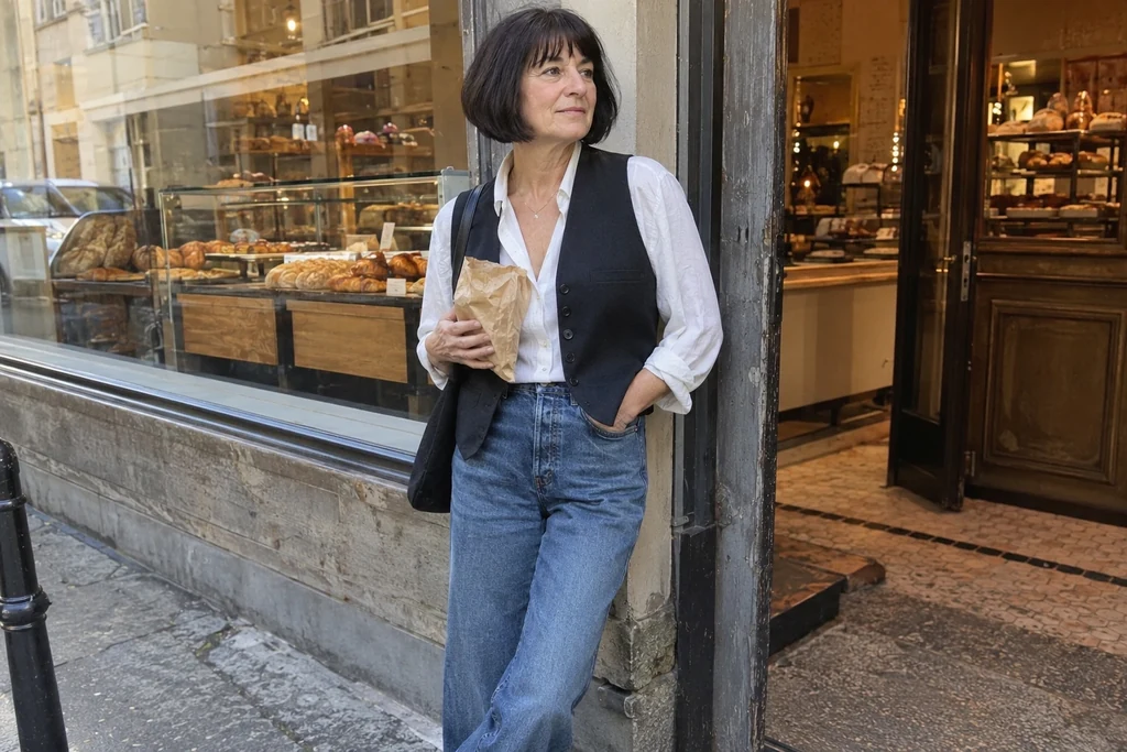 Une femme porte un gilet sombre sur une chemise blanche et un jean devant une boulangerie.