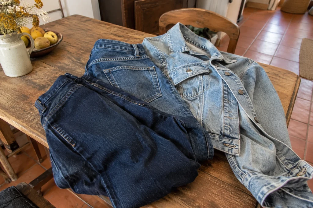 Trois tissus en jean de délavages différents se superposent sur une table en bois.
