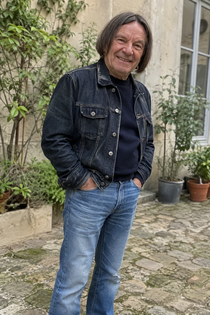 Un homme porte une veste en jean foncé et un pantalon en jean bleu dans une cour.