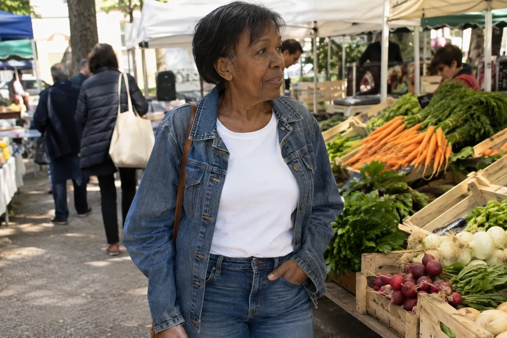 Une femme porte un tee-shirt blanc entre une veste en jean et un pantalon en jean dans un marché.