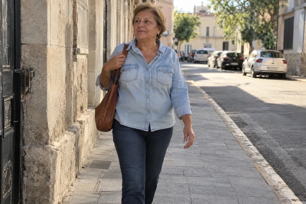 Une femme marche dans une rue avec une chemise en jean clair et un jean droit plus sombre.