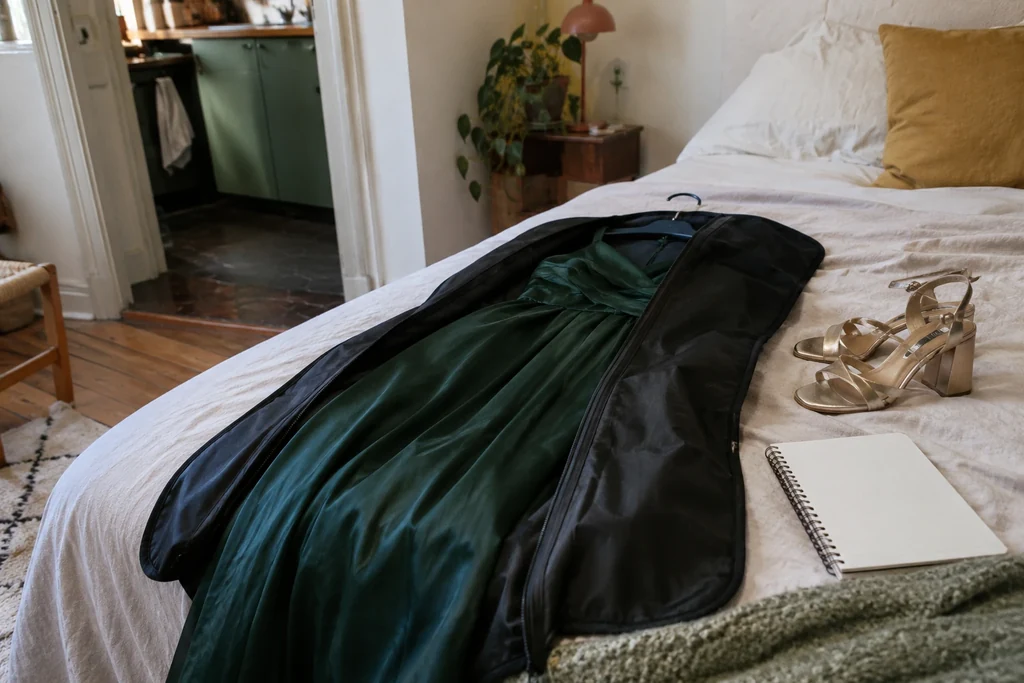 Une housse sans marque, des chaussures et un carnet sont préparés sur un lit.