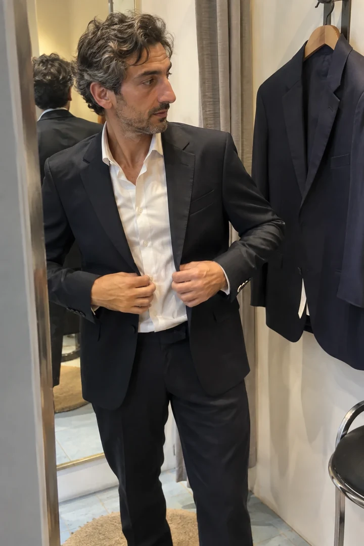 Un homme essaie une veste dans une cabine de location près d’une autre taille suspendue.