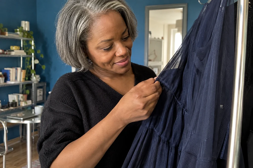 Une main examine une couture et le tissu d’un vêtement avant la location.