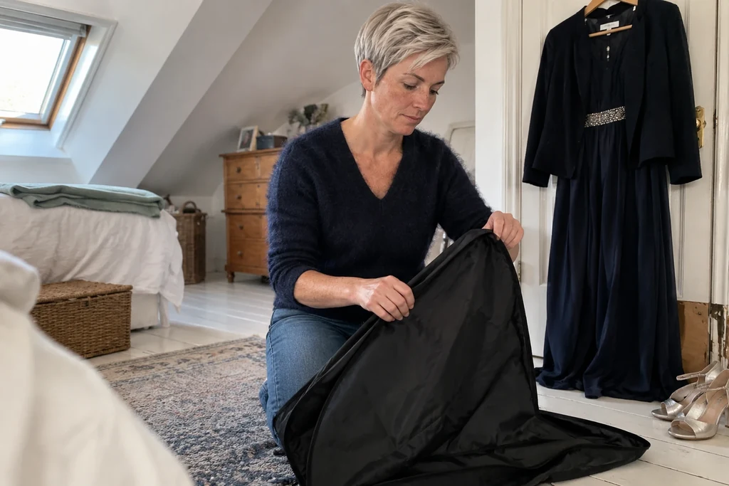Une femme range une housse près d’une tenue suspendue dans une entrée.