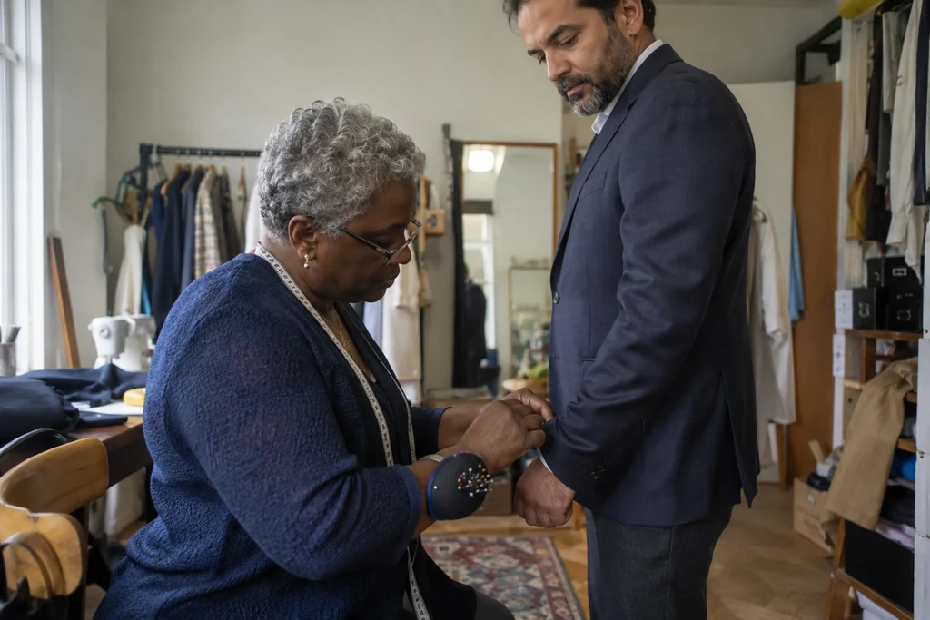 Un professionnel ajuste la manche d’une veste portée dans un atelier de retouche.