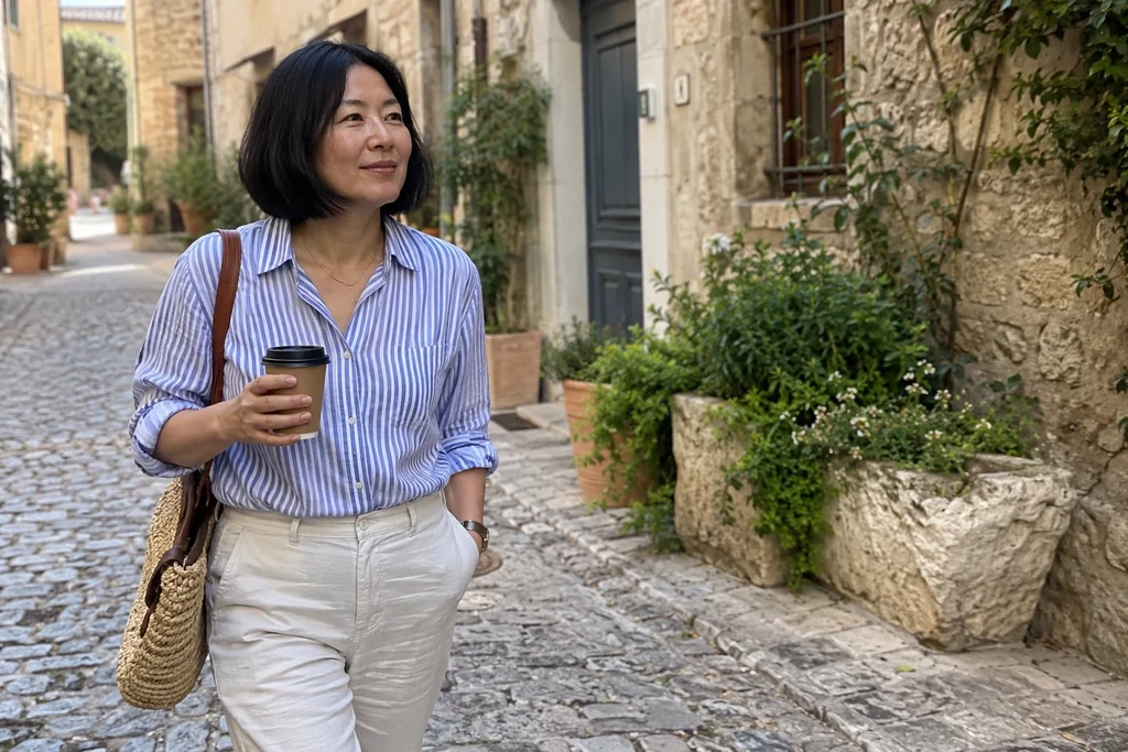 Une femme porte une chemise rayée aux manches retroussées et tient une tasse dans une rue.